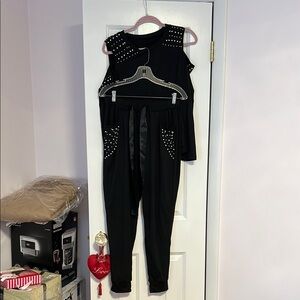 Black Studded Sleeveless Top and Pants Set
